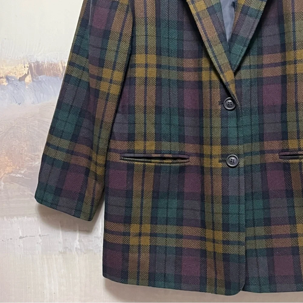Vtg Requirements Wool Blend Blazer Womens Sz 16 Purple Green Tartan Plaid Jacket - Picture 8 of 16